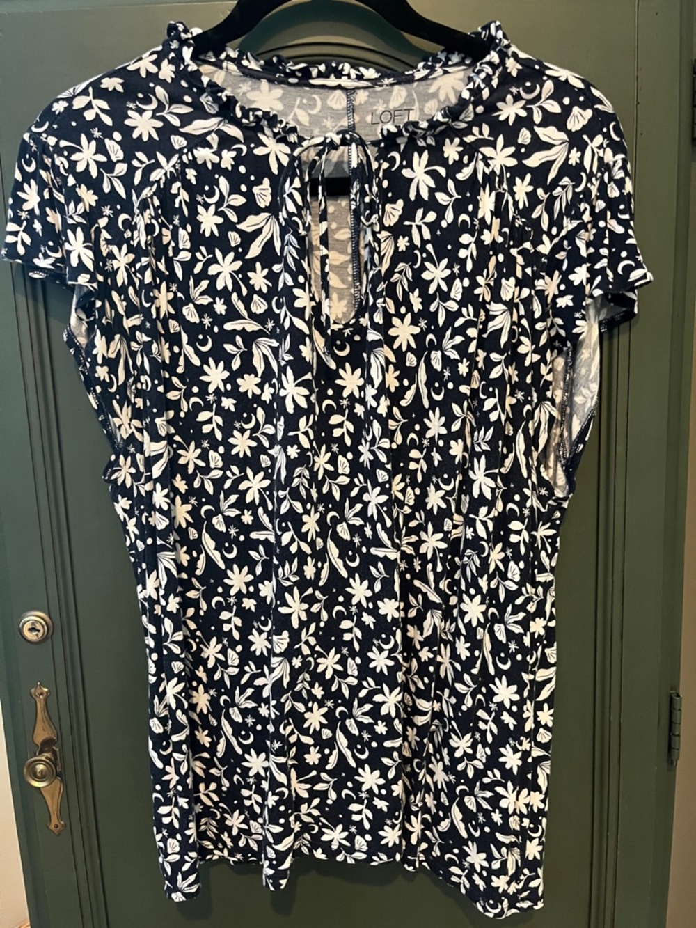 LOFT Navy & White Floral V-Neck Short Sleeve Top
